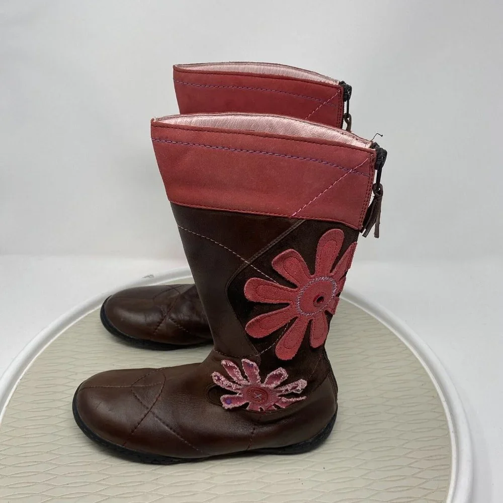 Umi Girls Flower Boots Size 2 Big Kid 34 Brown Leather Suede Zipper Tall Artsy